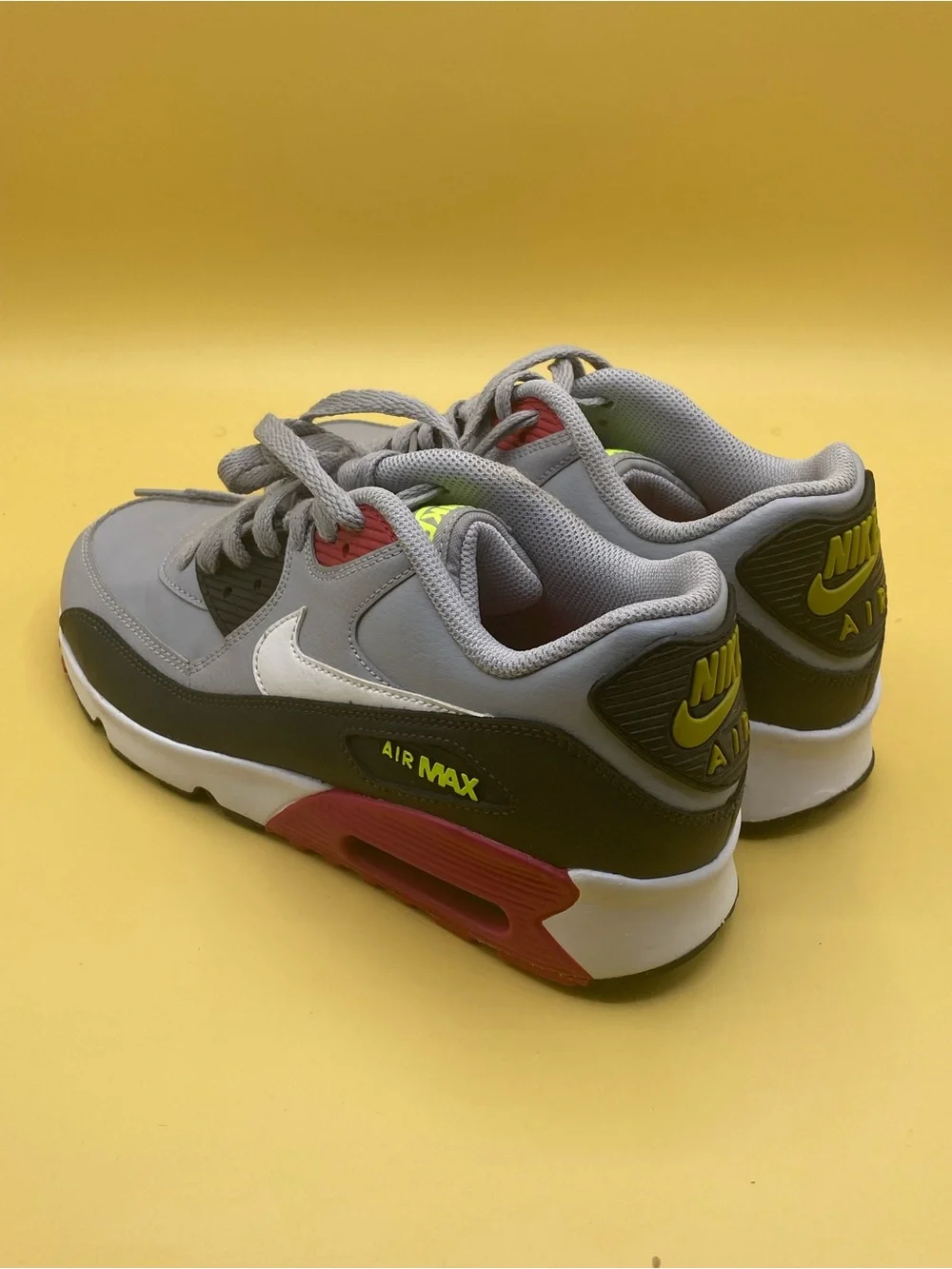 Nike Air Max 90 Wolf Grey, Rush Pink, and Volt